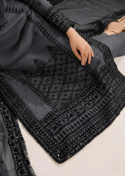 Ladies Grey Embroidered Bemberg Crinkle Chiffon Suit Online in Sri Lanka India Australia