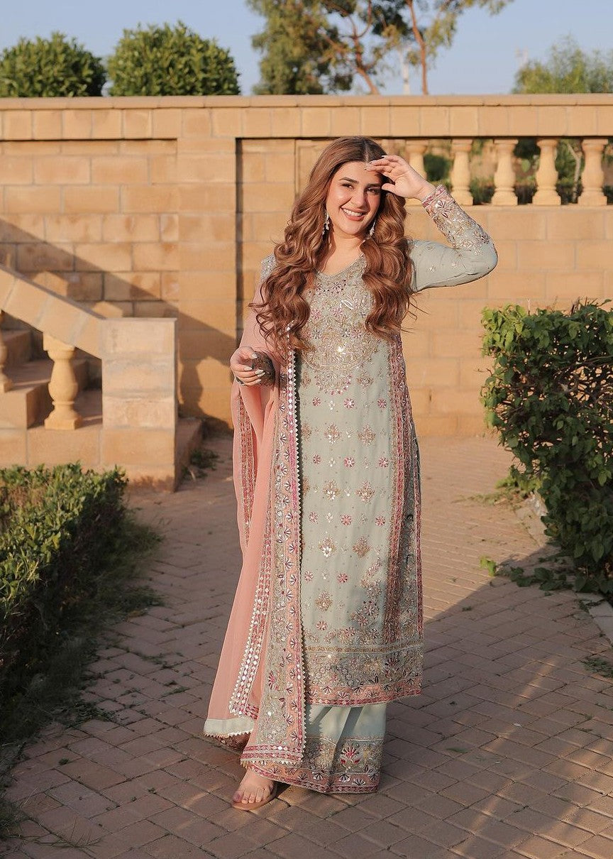 Ladies Grey Embroidered Chiffon Partywear Suit Online in UK USA Canada
