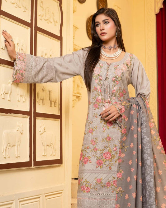 Ladies Grey Embroidered Dhanak Shalwar Kameez Online in UK USA Canada