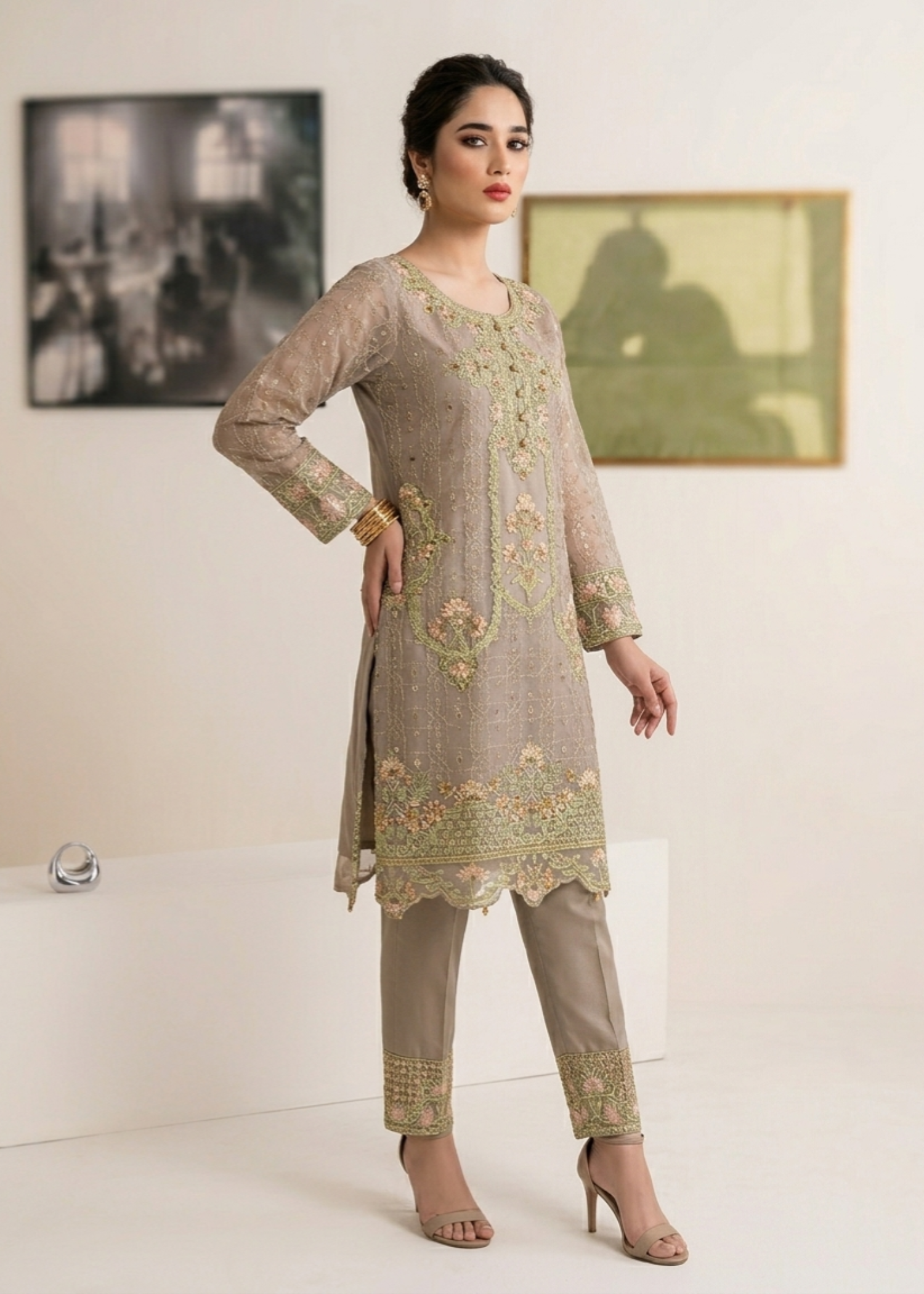 Ladies Grey Embroidered Partywear Salwar Suit Online in UK USA Canada