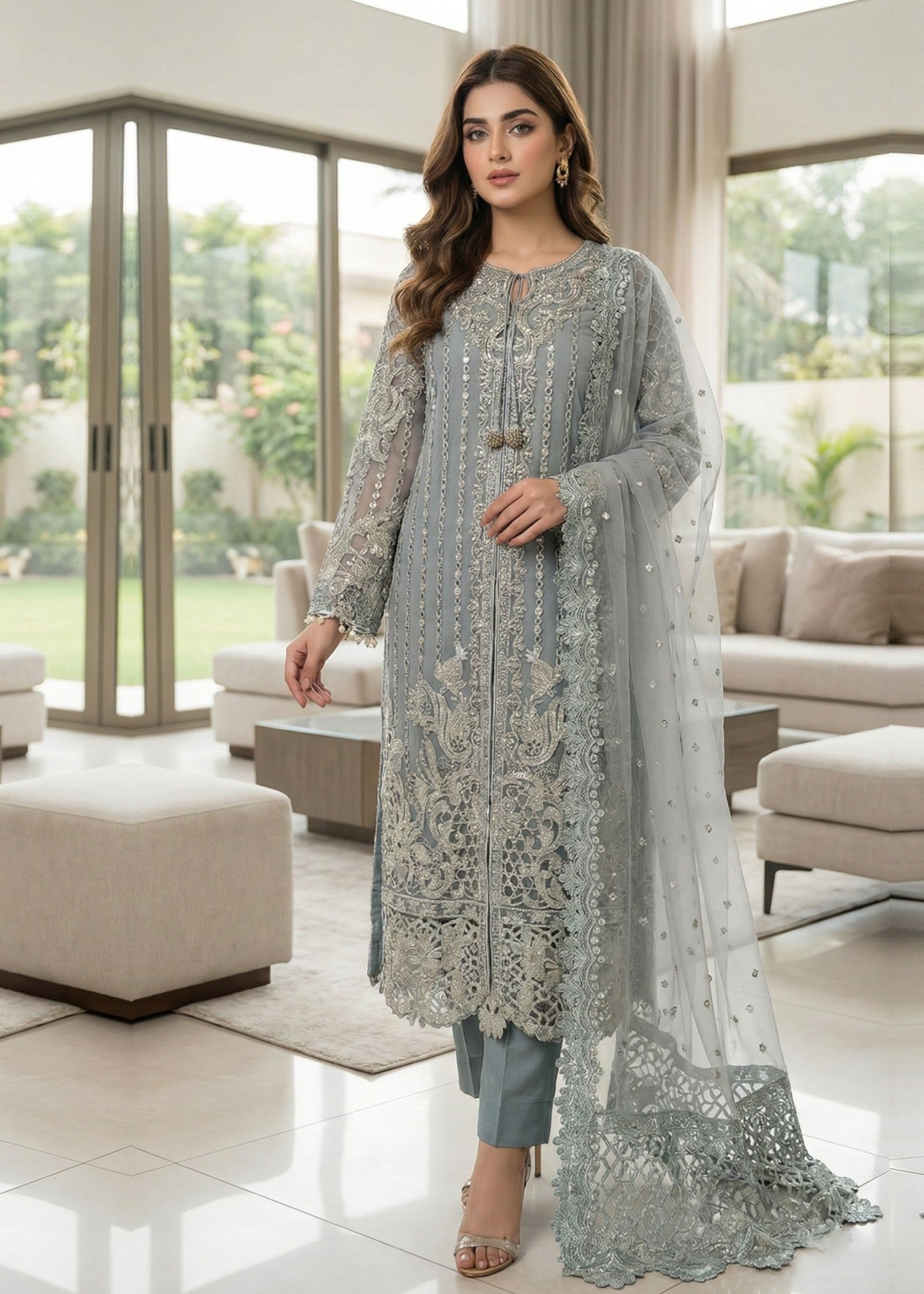 Ladies Grey Embroidered Raw Silk Salwar Kameez Online in KSA Riyadh Saudi Arabia Oman Bahrain Qatar