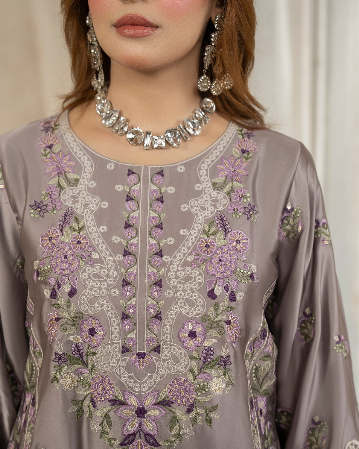Ladies Grey Embroidered Shamoz Silk Shalwar Kameez Online in UK USA Canada