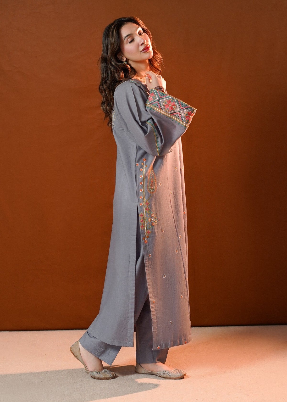 Ladies Grey Embroidered Winter Kurta Set Online in UK USA Canada