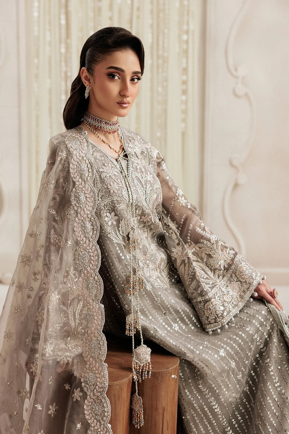 Ladies Grey Hand Embellished Shalwar Kameez Online in UK USA Canada