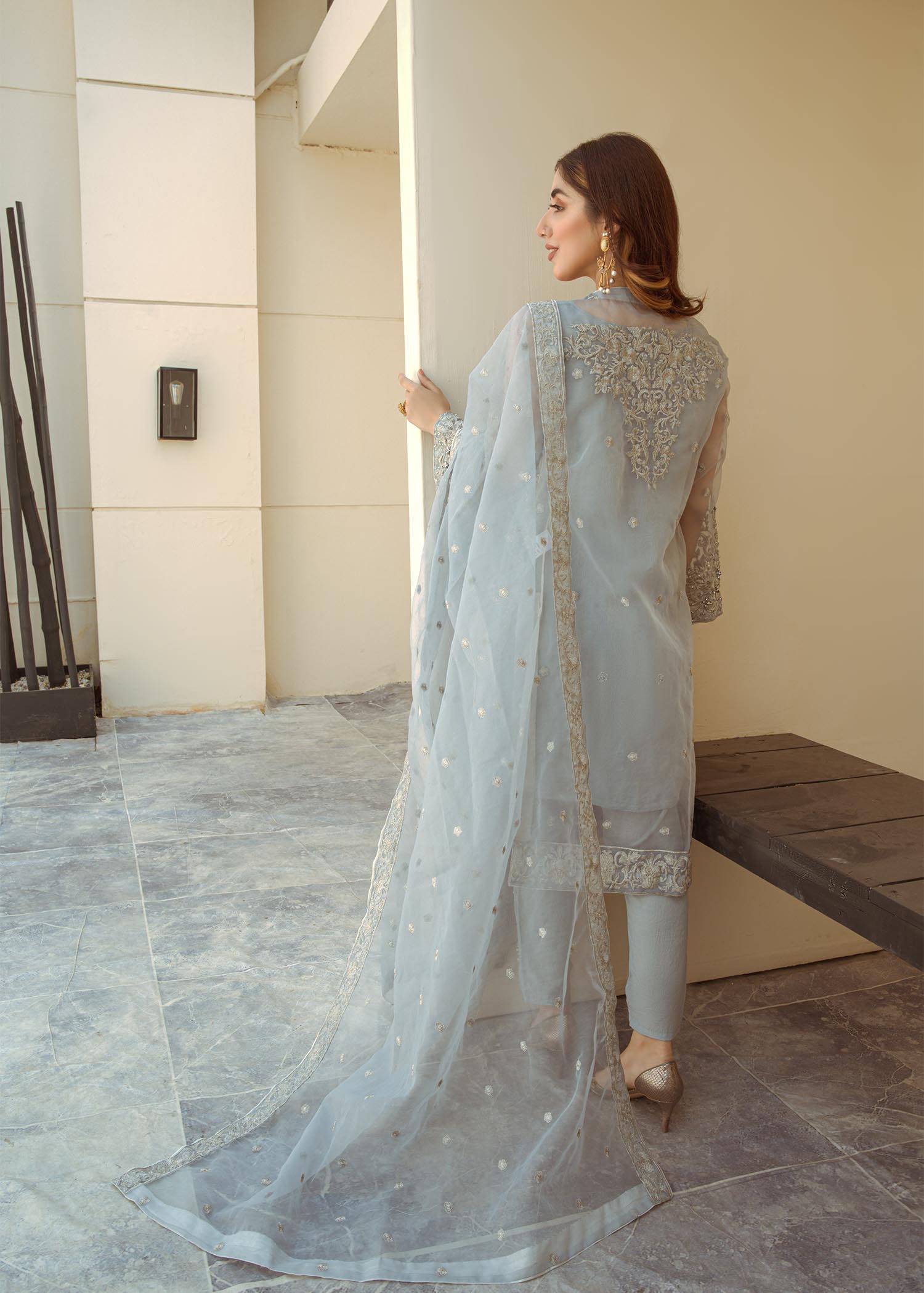 Ladies Grey Raw Silk Embellished Trouser Suit Online in UK USA Canada