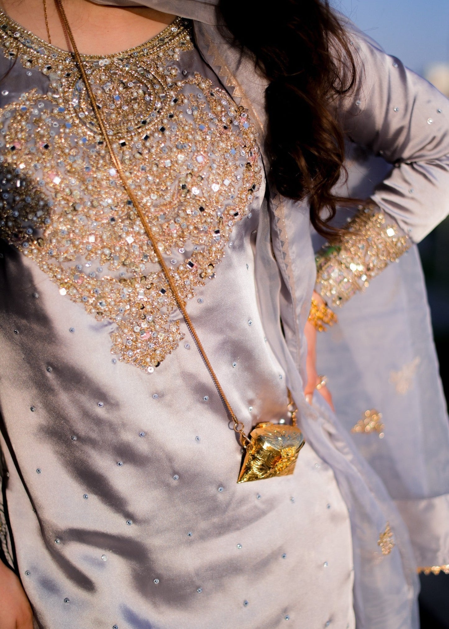 Ladies Grey Silk Peplum Top Dupatta Set Online in UK USA Canada