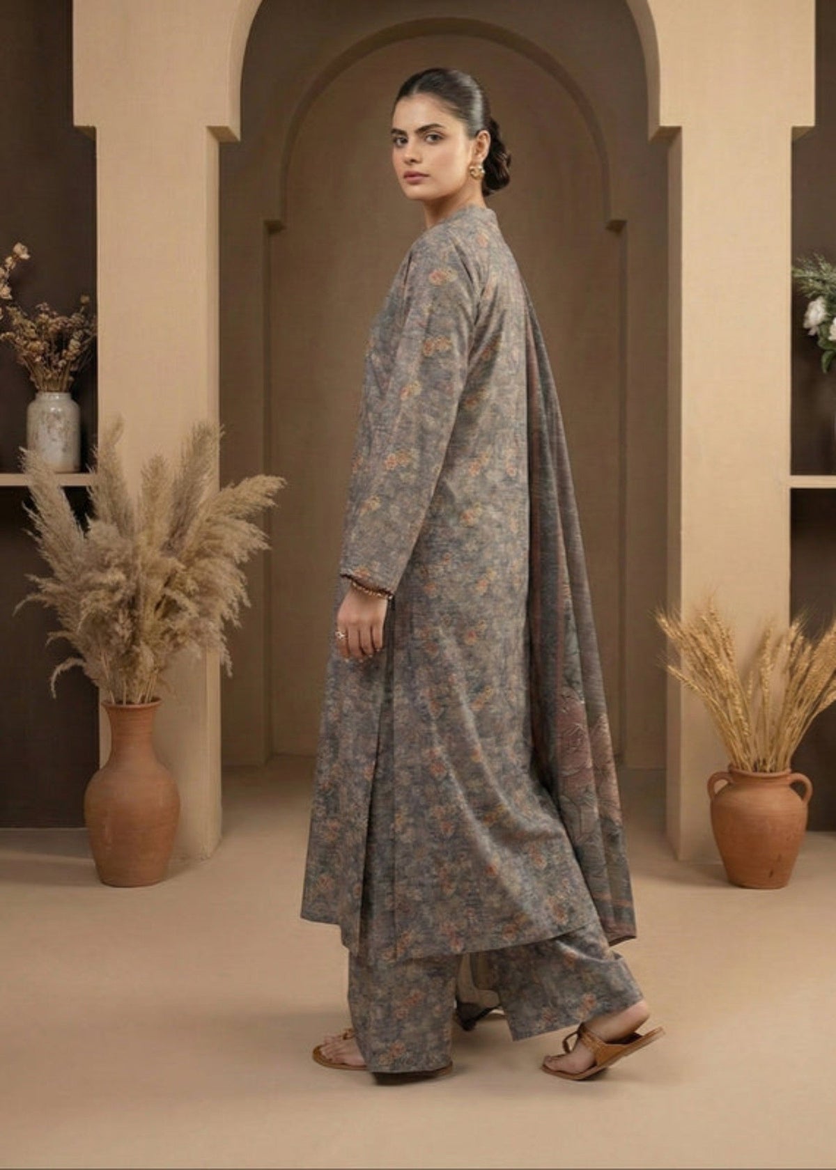 Ladies Grey Silk Shalwar Kameez Online in UK USA Canada