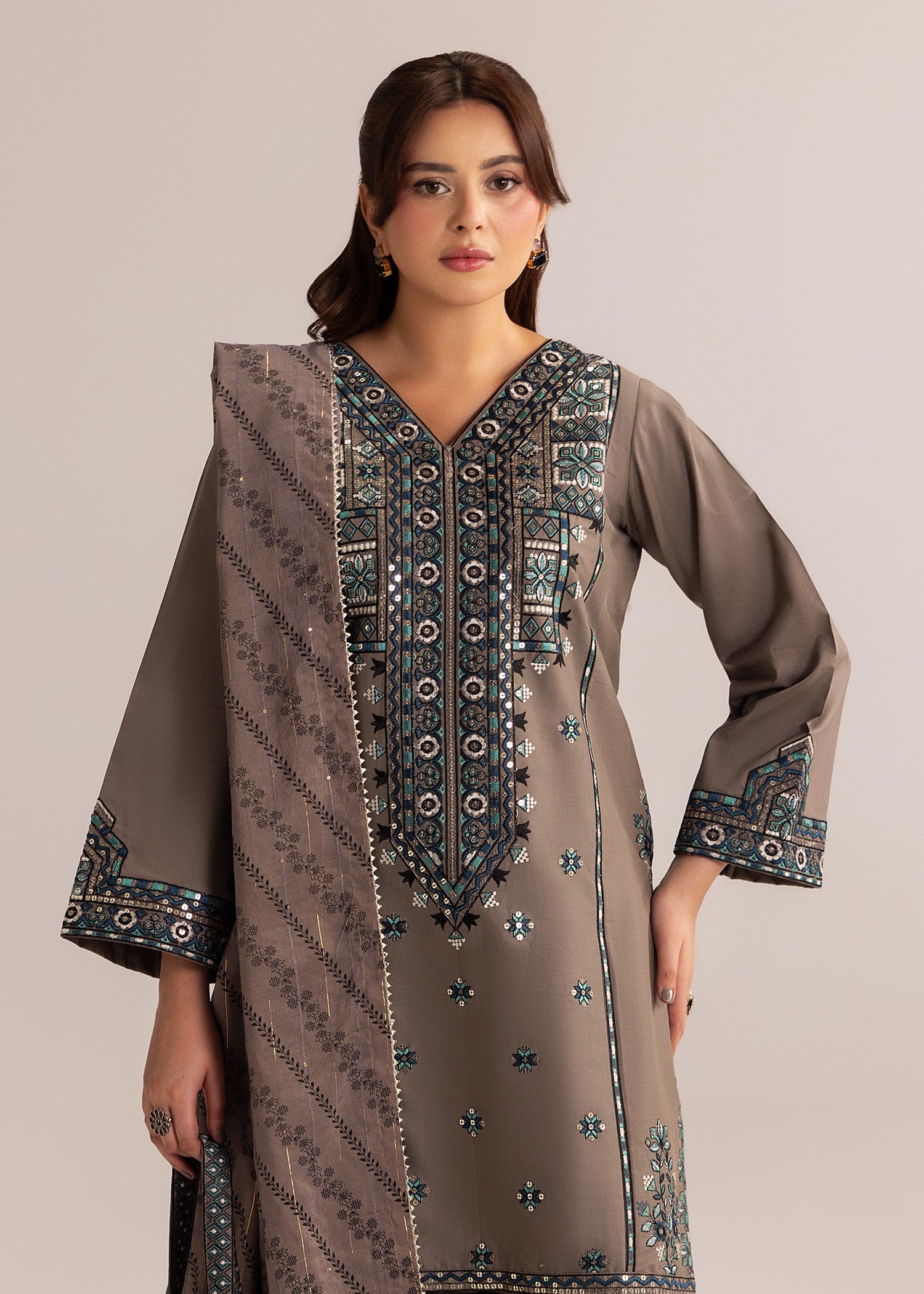 Ladies Grey Zari Cotton Shalwar Kameez Online in UK USA Canada