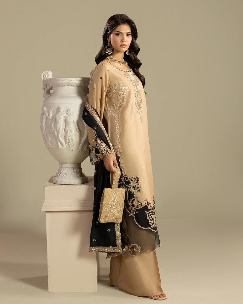 Ladies Hand Embellished Gold Raw Silk Shalwar Kameez Online in UK USA Canada