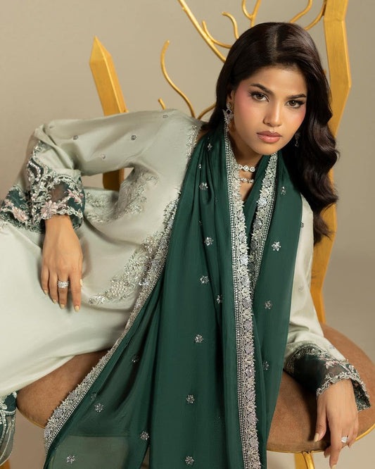 Ladies Hand Embellished Pistachio Silk Suit with Dupatta Online in UK USA Canada