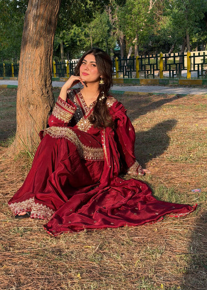 Ladies Heavy Embroidered Maroon Farshi Suit Online in UK USA Canada