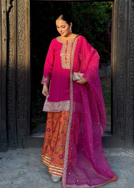 Ladies Hot Pink Embroidered Raw Silk Pakistani Designer Suits Online in Sri Lanka India Australia