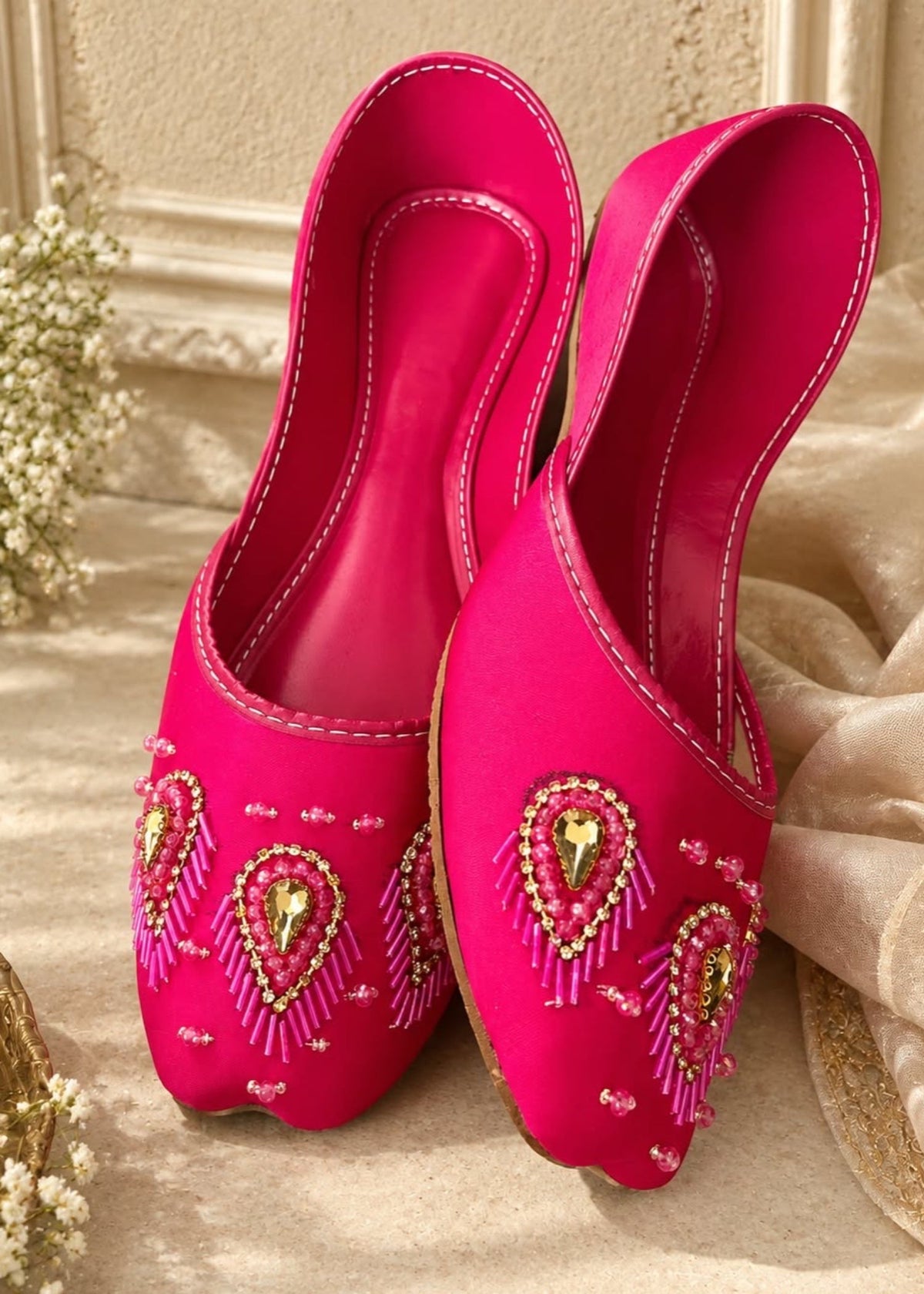 Ladies Hot Pink Silk Khussa Shoes Online in UK USA Canada