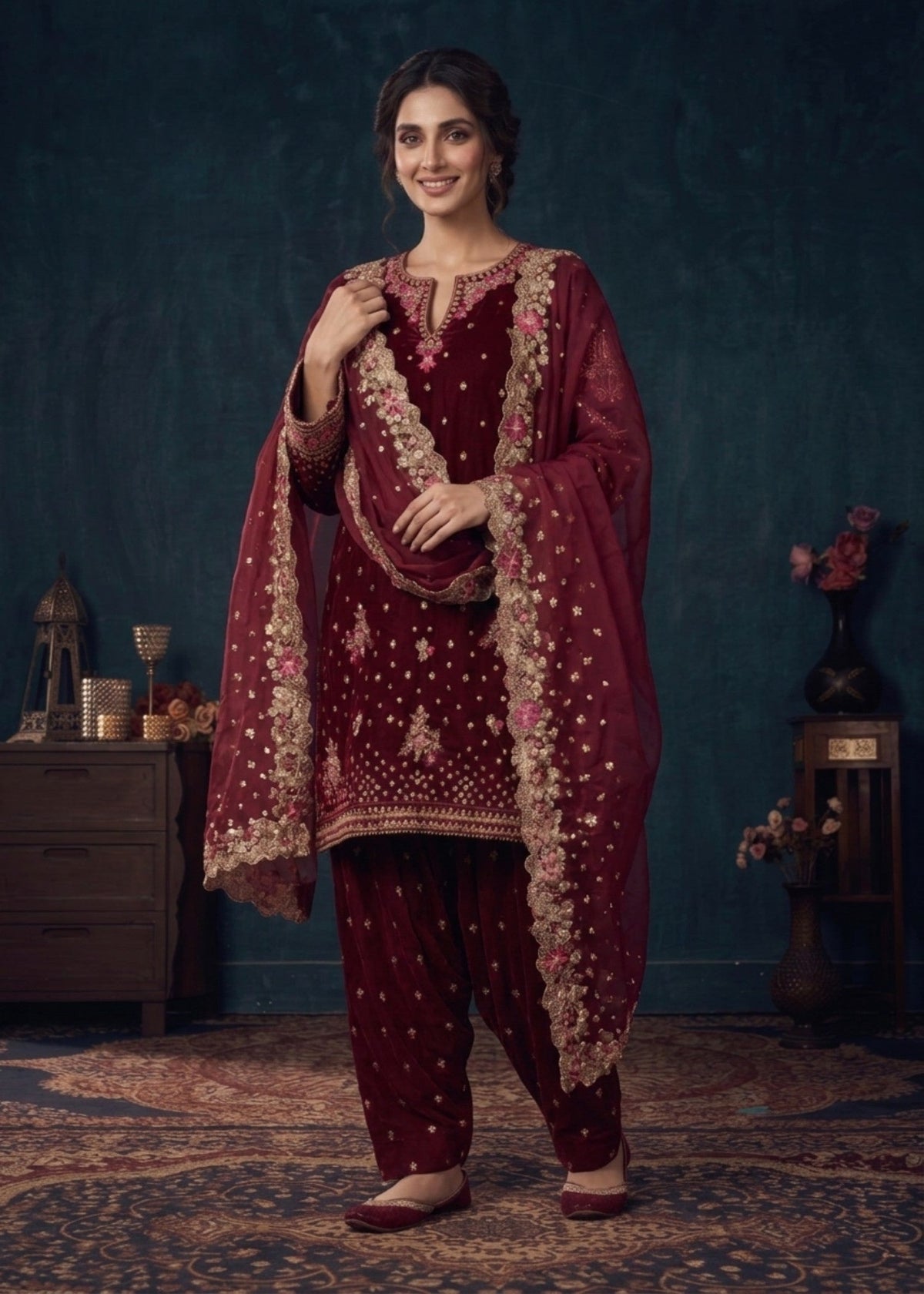 Ladies Hot Pink Velvet Designer Salwar Suit Online in UK USA Canada