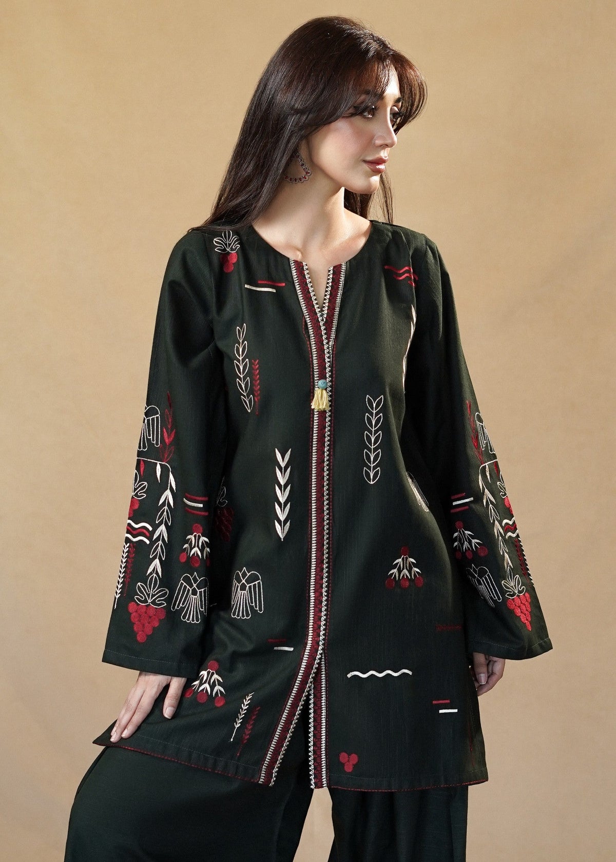 Ladies Hunter Green Embroidered Slub Khaddar Online in UK USA Canada
