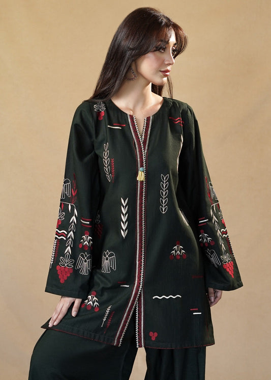 Ladies Hunter Green Embroidered Slub Khaddar Online in UK USA Canada