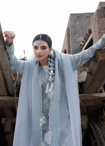 Ladies Ice Blue Embroidered Kurta with Flapper Pants Online in UK USA Canada