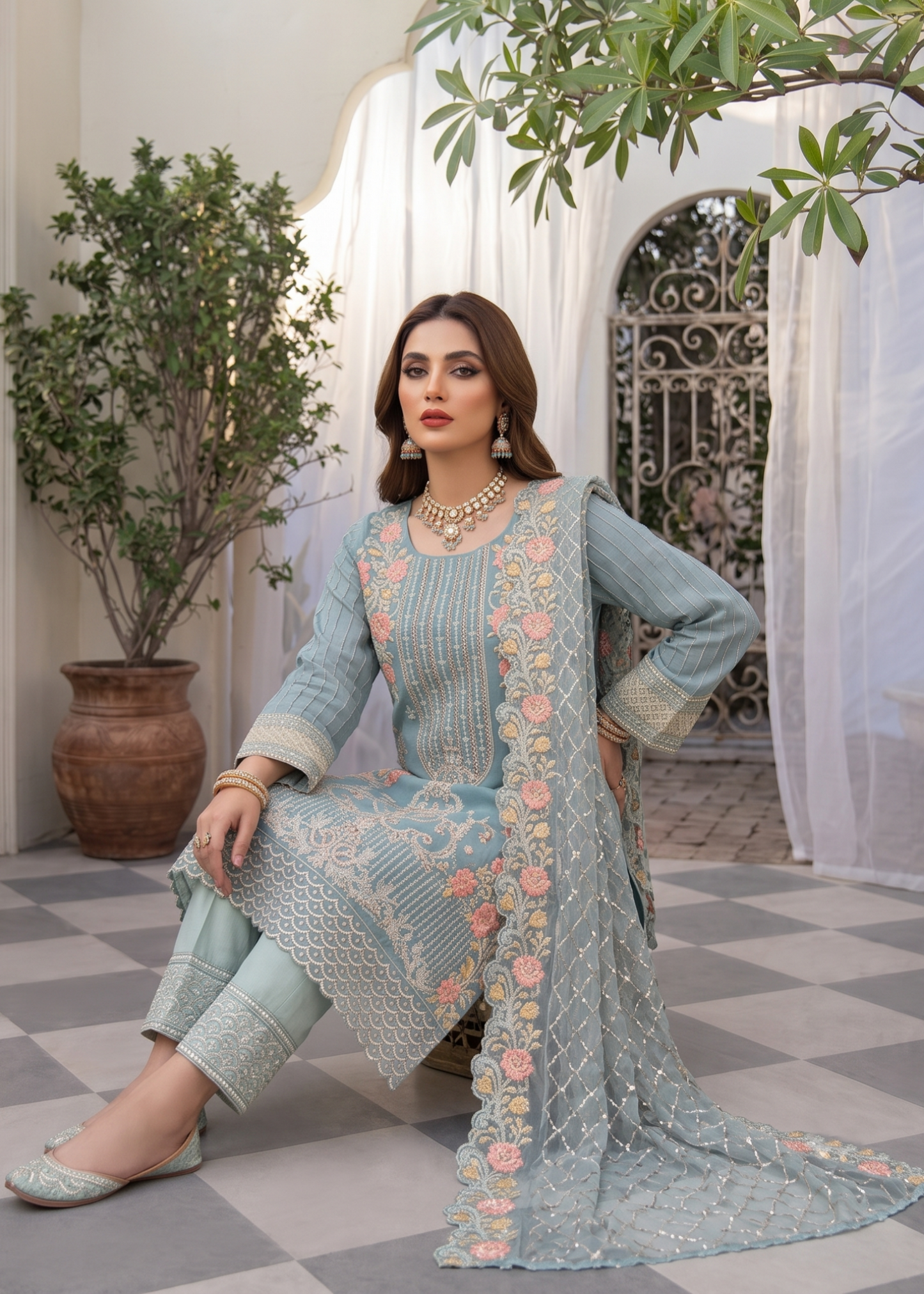 Ladies Ice Blue Organza Embroidered Salwar Suit Online in Dubai DXB UAE Abudhabi Meena Bazaar