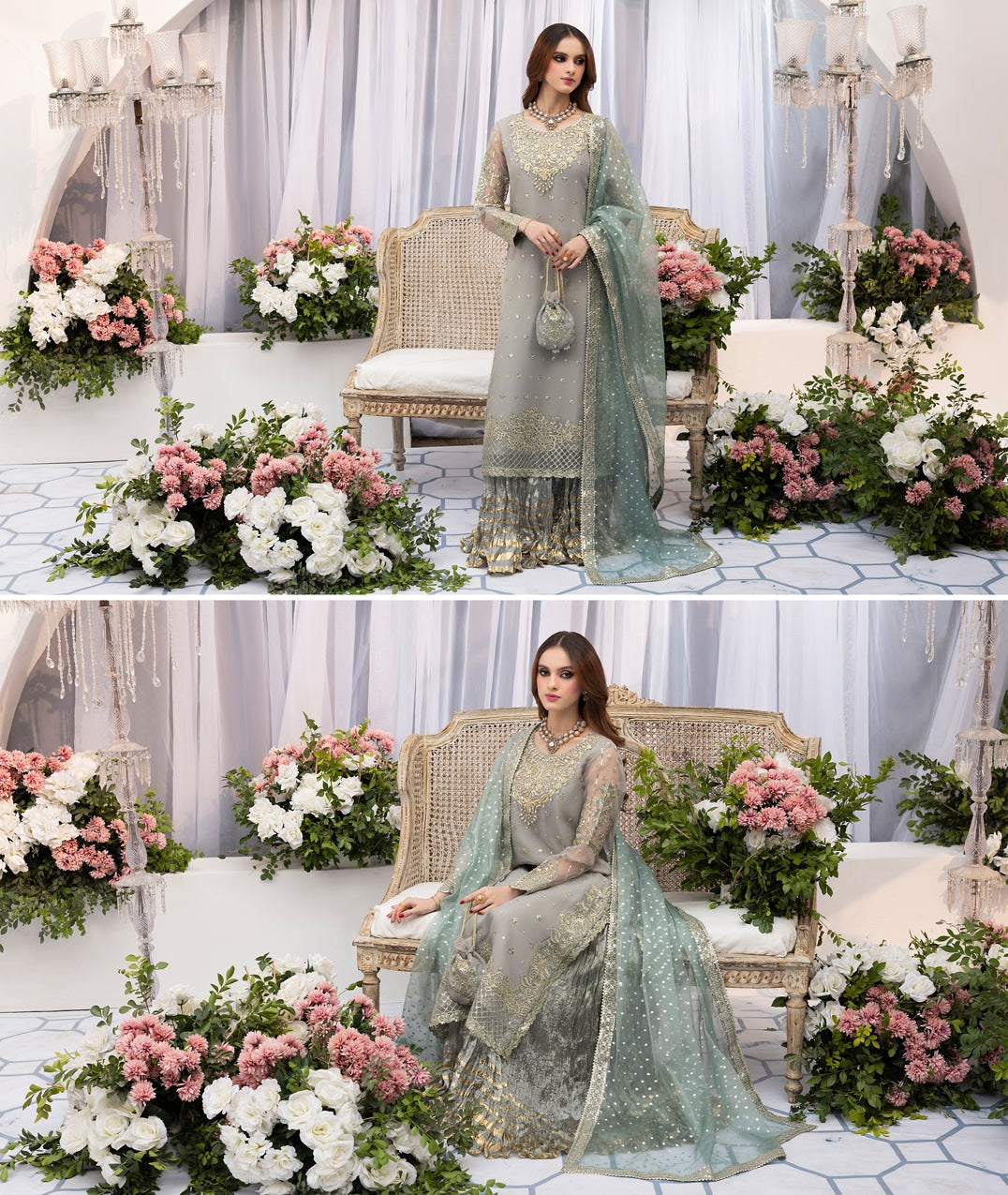 Ladies Ice Blue Organza Sharara with Potli Bag Online in UK USA Canada