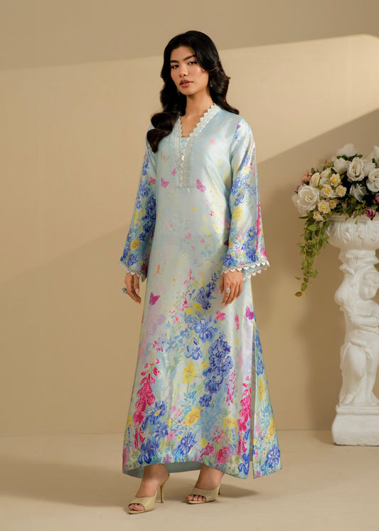 Ladies Ice Blue Printed Silk Shalwar Kameez Online in UK USA Canada