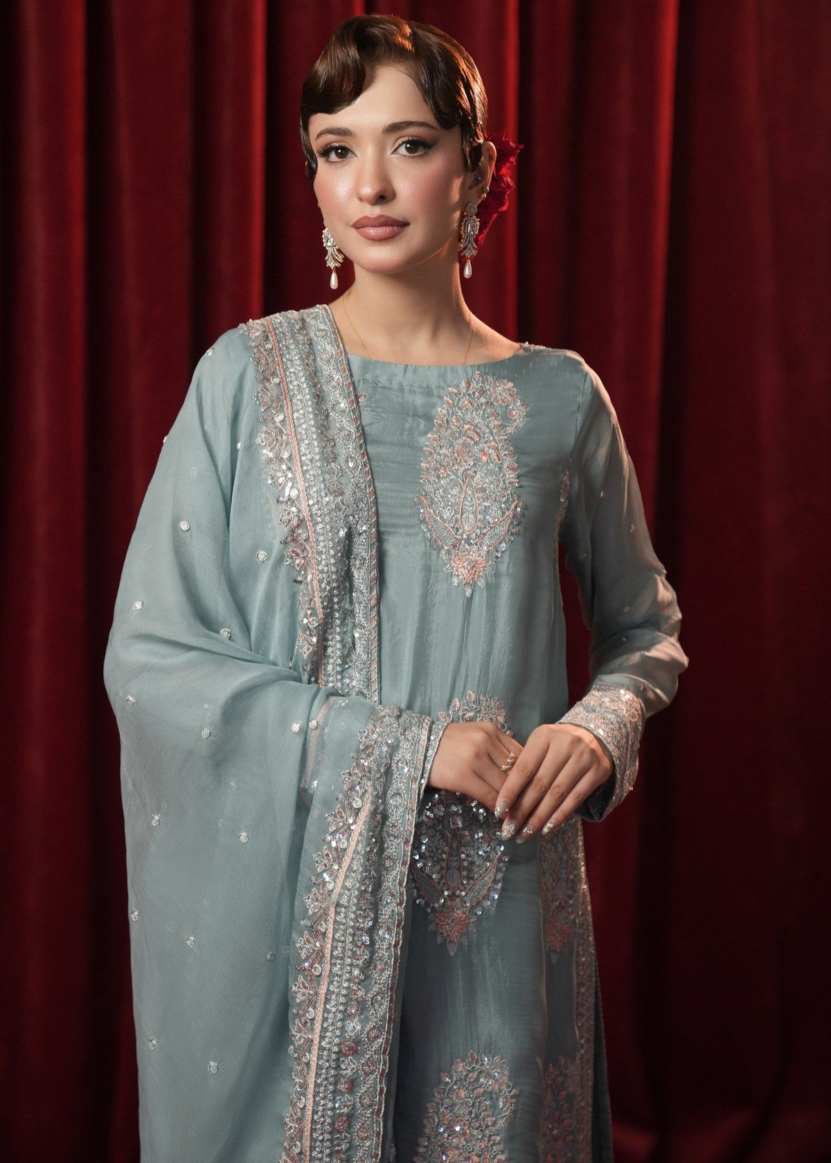 Ladies Ice Blue Silk Anarkali Peshwas Style Suit Online in UK USA Canada
