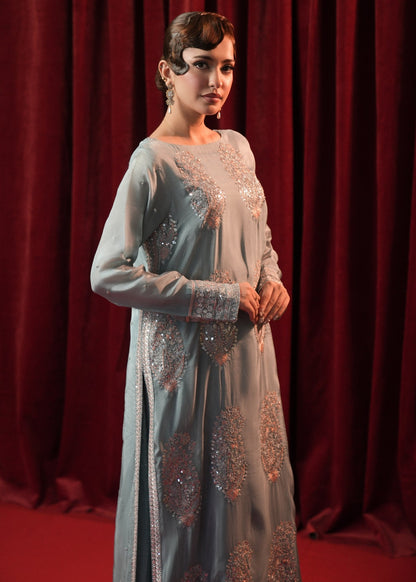 Ladies Ice Blue Silk Festive Sharara Suit Online in UK USA Canada