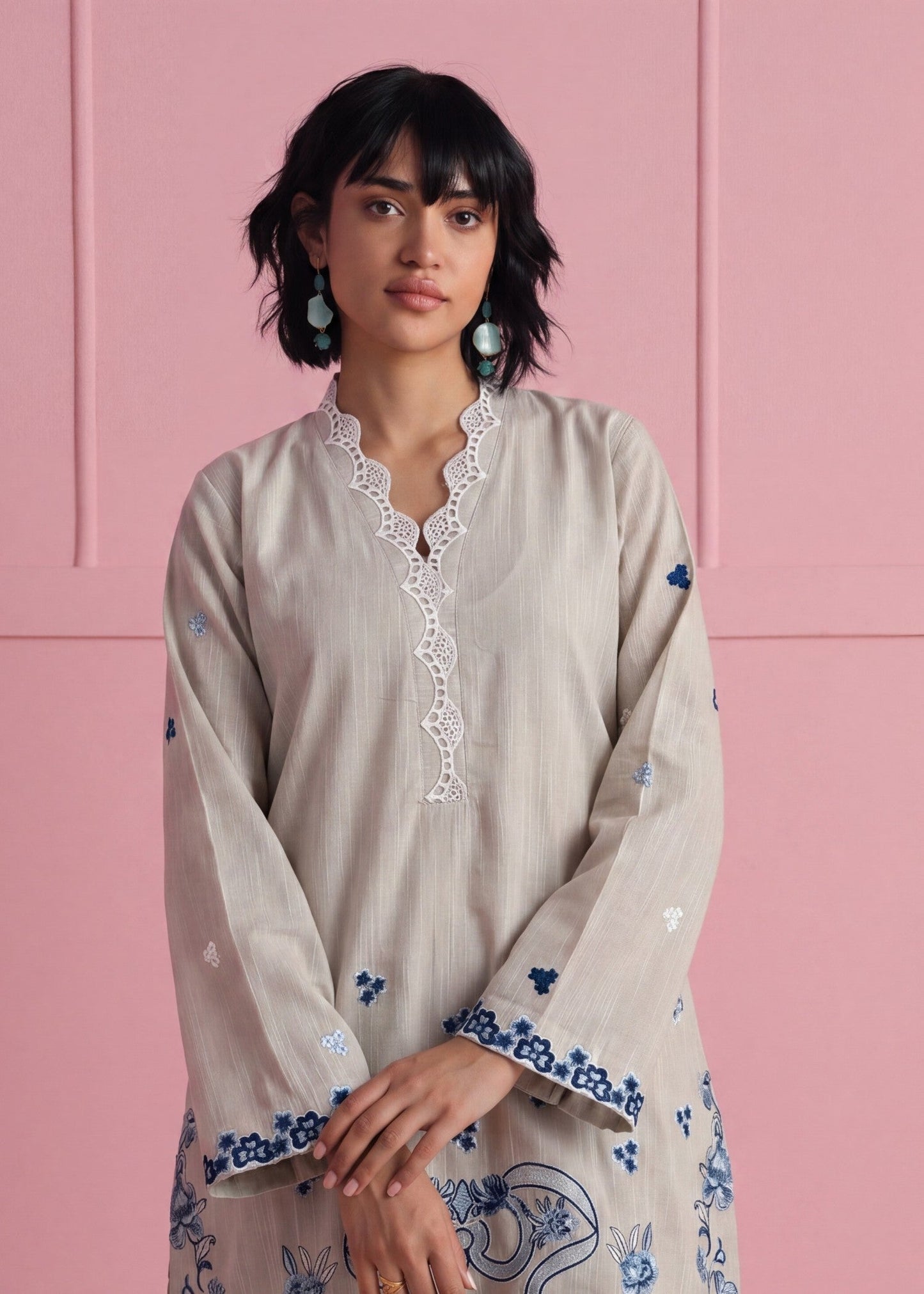Ladies Ivory Embroidered Khaddar Kurta Set Online in UK USA Canada