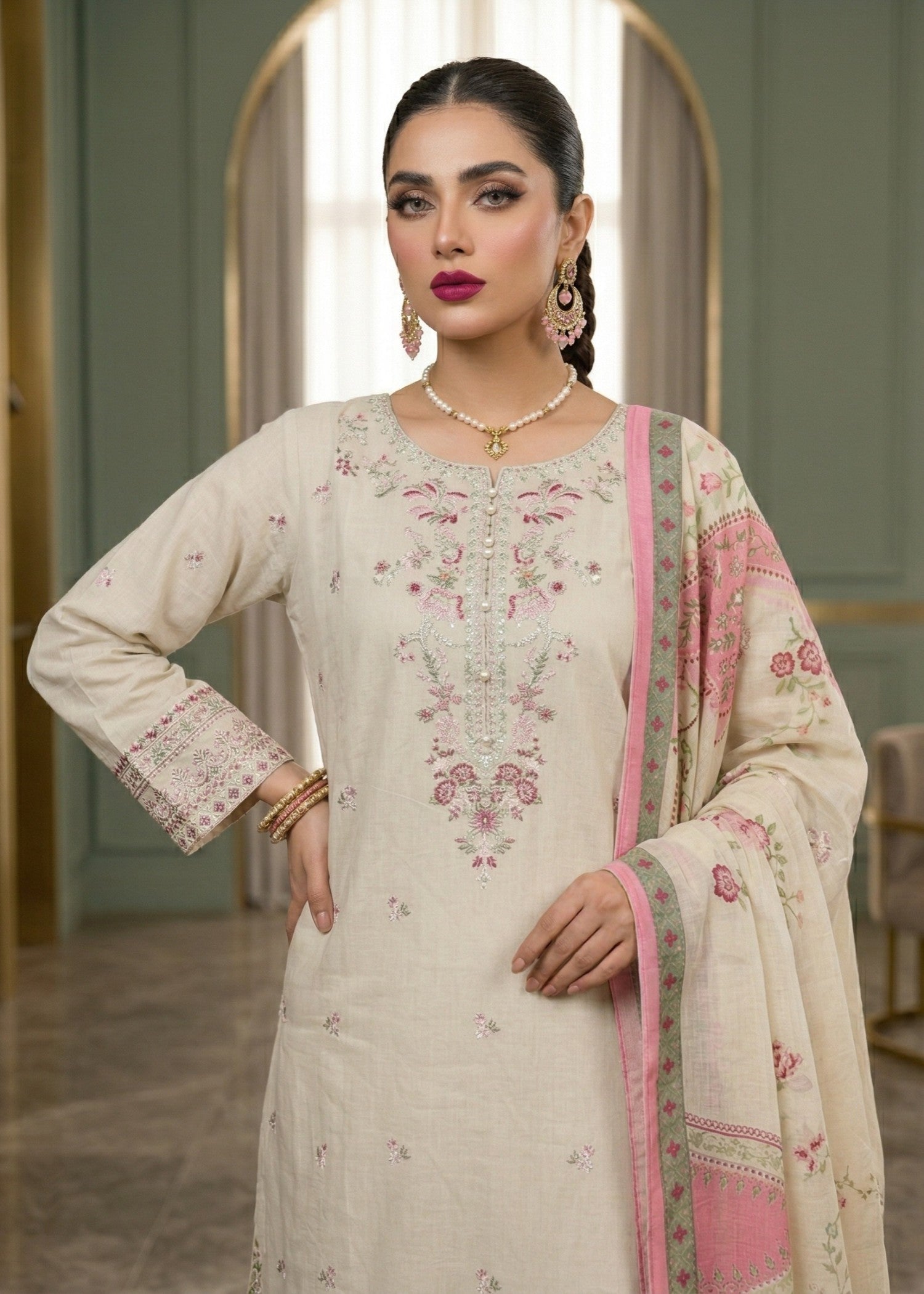 Ladies Ivory Embroidered Lawn Shalwar Kameez Online in UK USA Canada