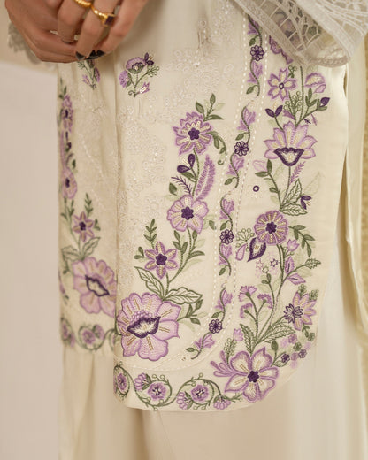 Ladies Ivory Embroidered Shamoz Silk Salwar Kameez Online in KSA Riyadh Saudi Arabia Oman Bahrain Qatar