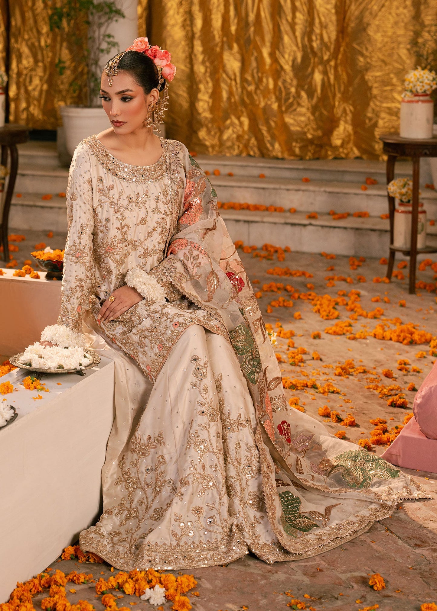 Ladies Ivory Gold Embroidered Sharara Suit Online in Sri Lanka India Australia