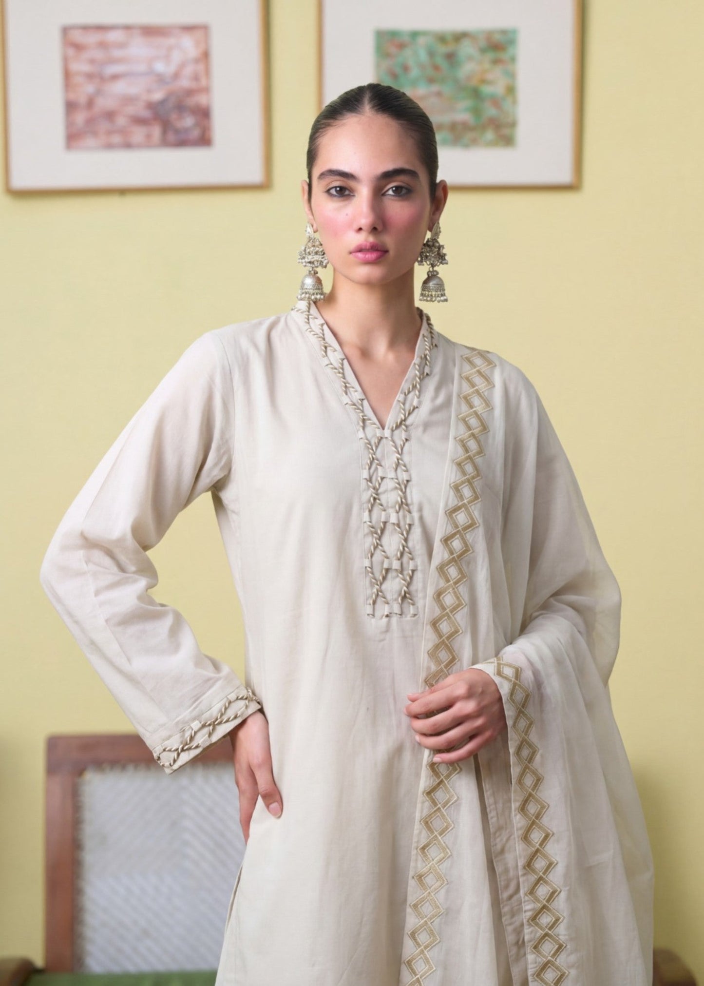Ladies Ivory Lawn Suit Lacework Pakistani Online in Dubai UAE Abudhabi Ajman Sharjah