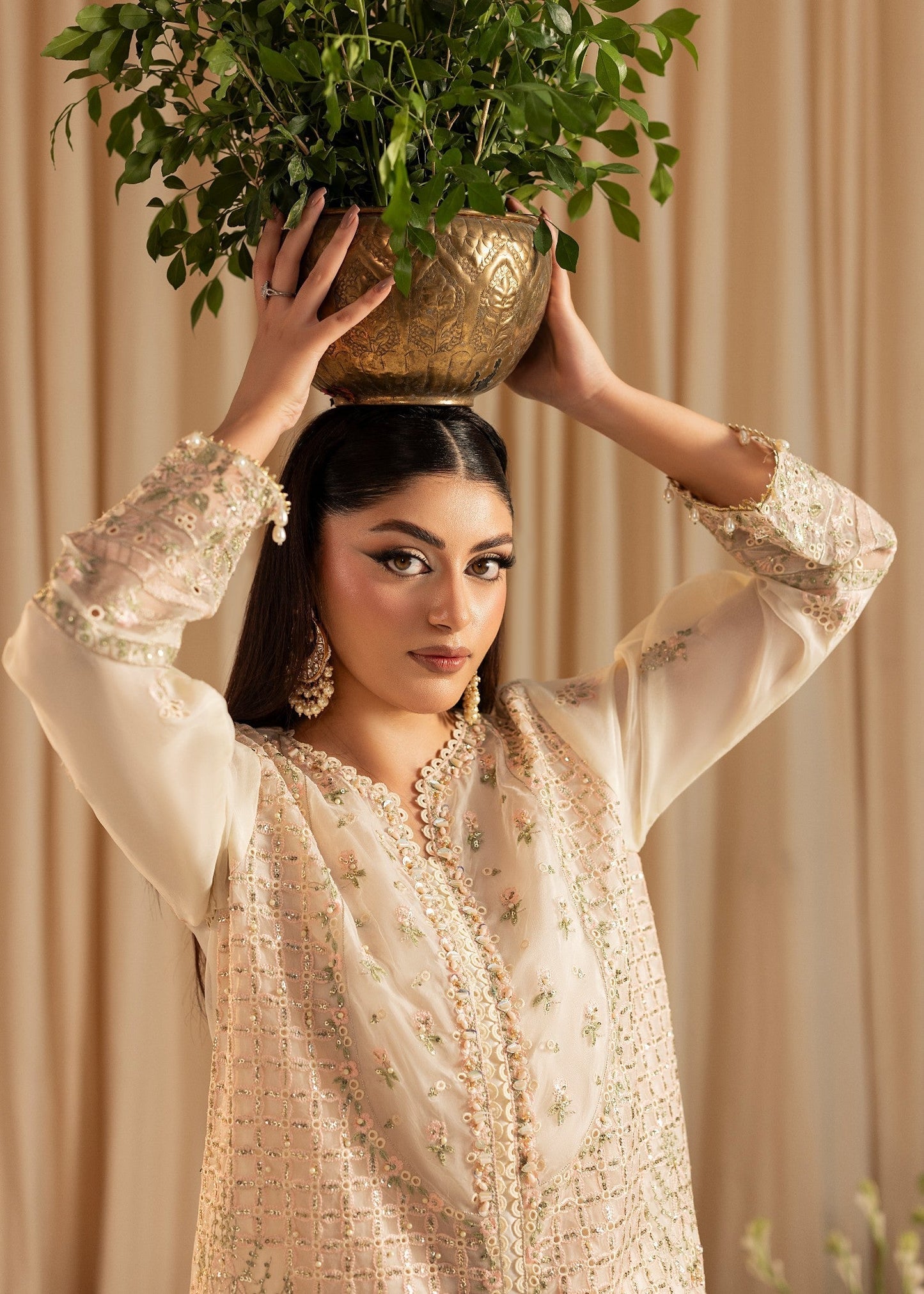 Ladies Ivory Organza Embroidered Festive Suit Online in UK USA Canada