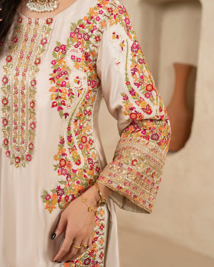 Ladies Ivory Silk Salwar Suit Online in KSA Riyadh Saudi Arabia Oman Bahrain Qatar