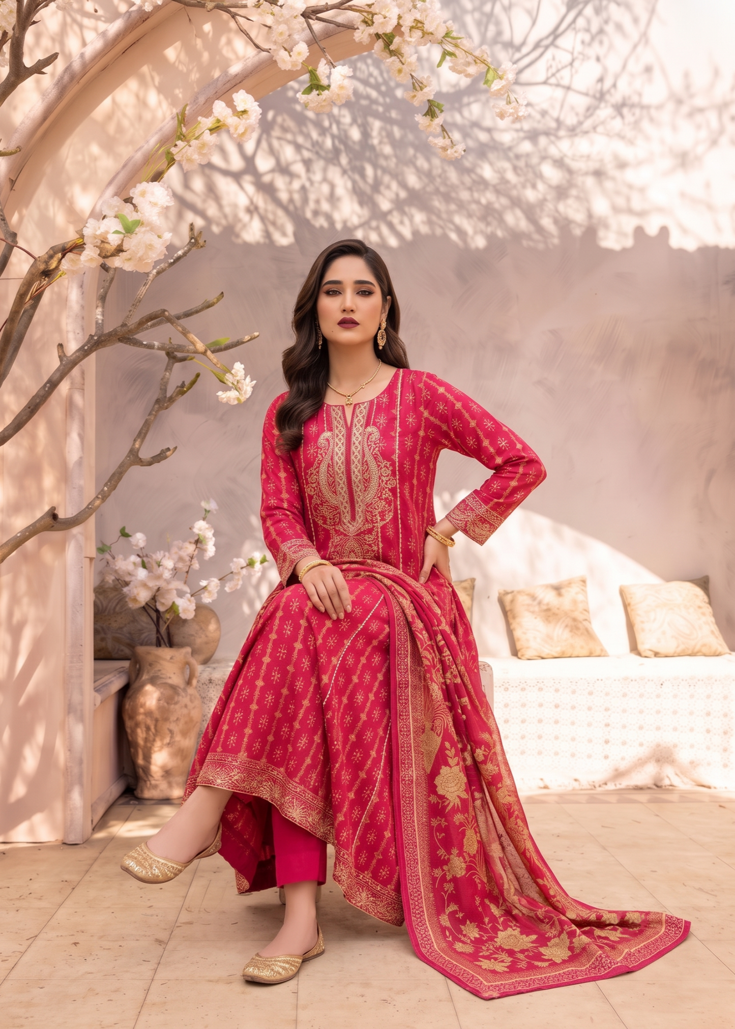 Ladies Jacquard Pishwas Suit with Straight Trouser Online in UK USA Canada