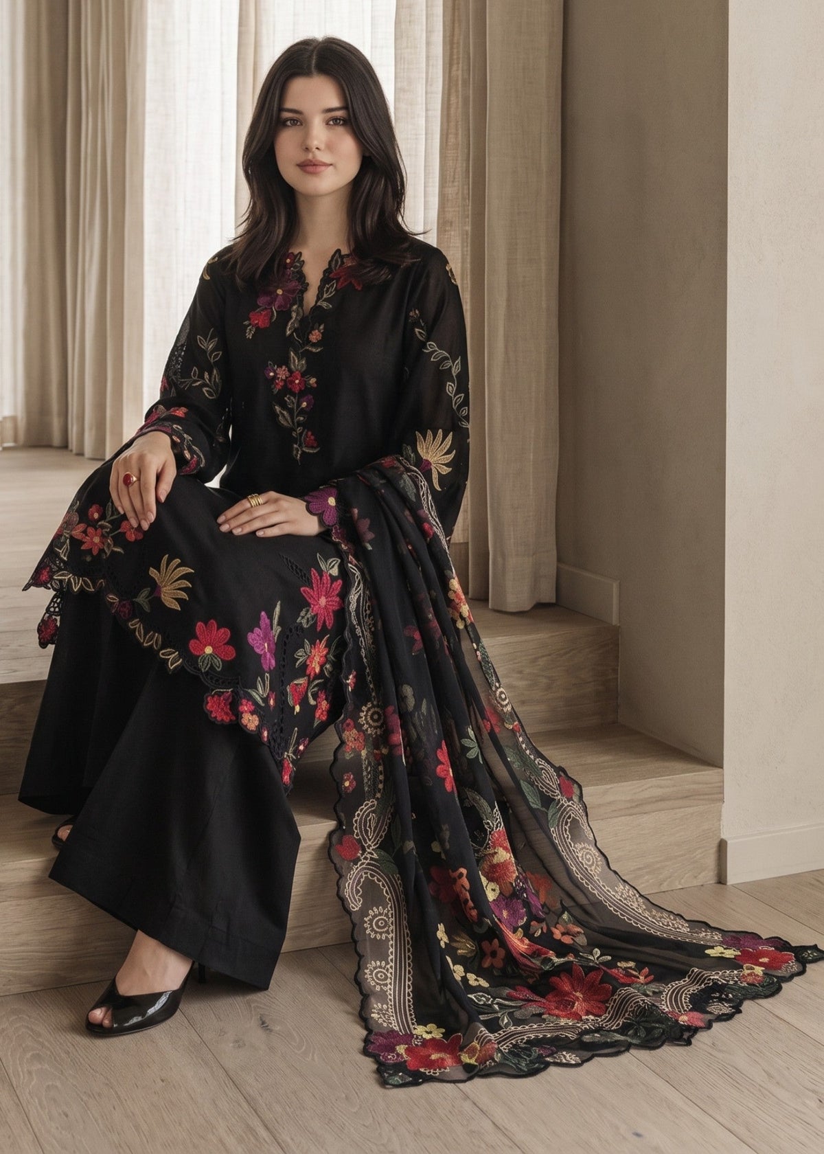 Ladies Jet Black Lawn Cotton Salwar Kameez Online in KSA Riyadh Saudi Arabia Oman Bahrain Qatar