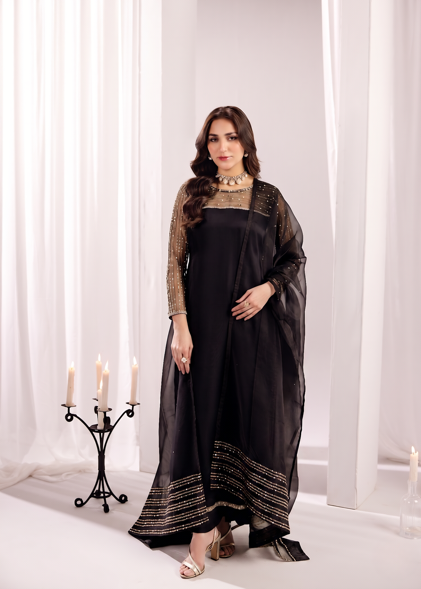 Ladies Jet Black Silk Partywear Suit Online in UK USA Canada