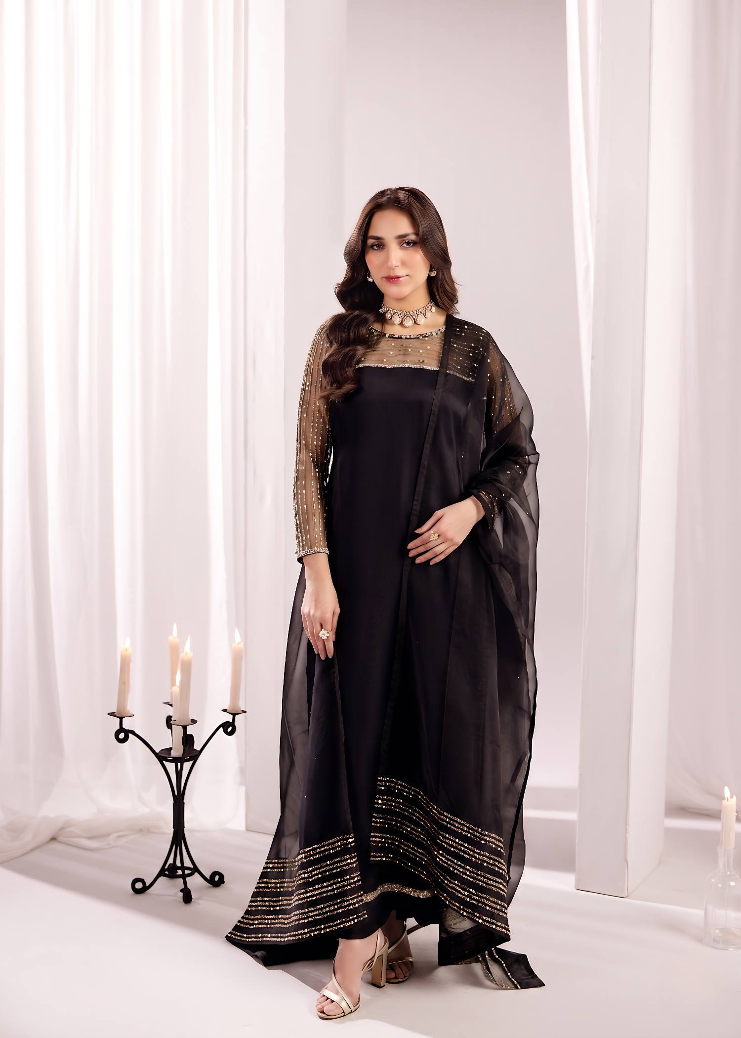 Ladies Jet Black Silk Partywear Suit Online in UK USA Canada