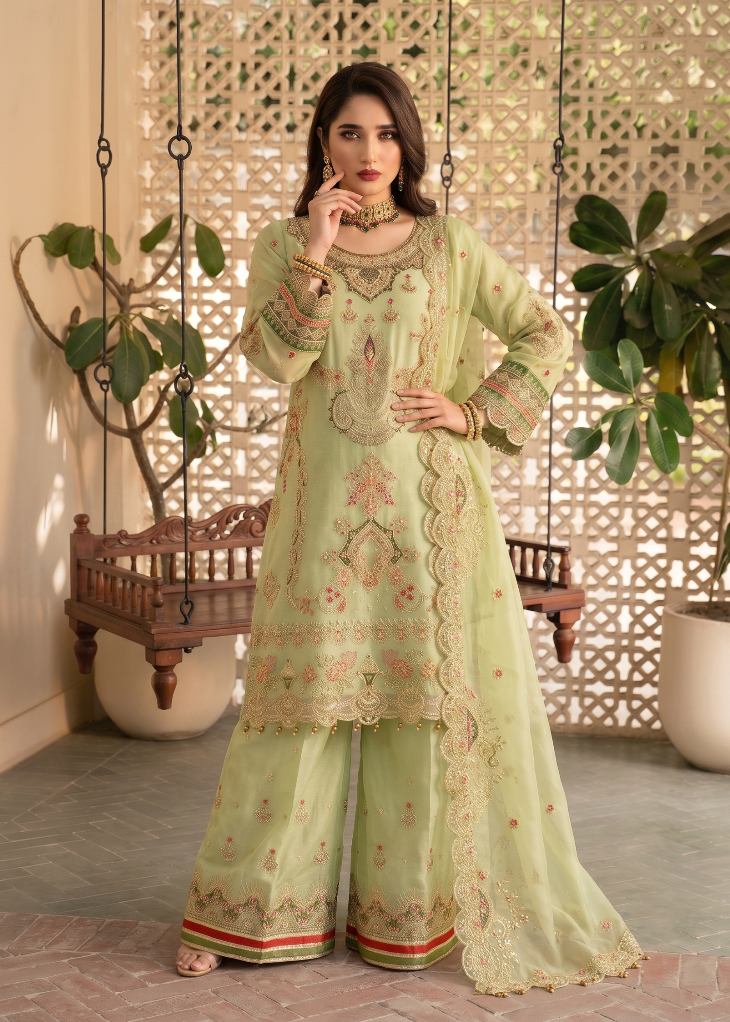 Ladies Key Lime Embroidered Organza Suit Online in UK USA Canada
