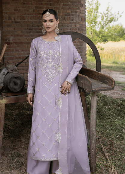 Ladies Lavender Embroidered Silk Partywear Suit Online in UK USA Canada