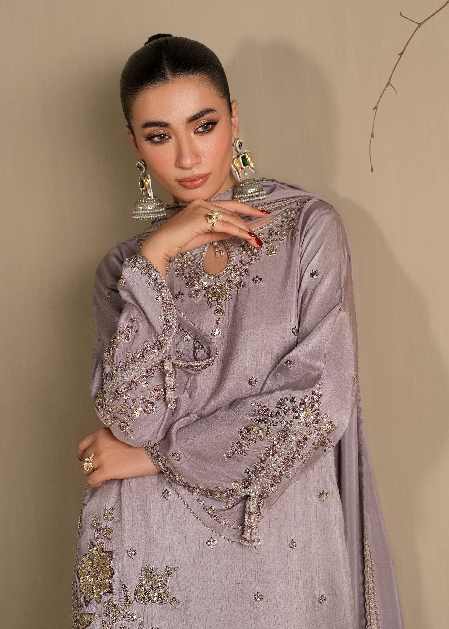 Ladies Lavender Raw Silk Embellished Suit Online in UK USA Canada