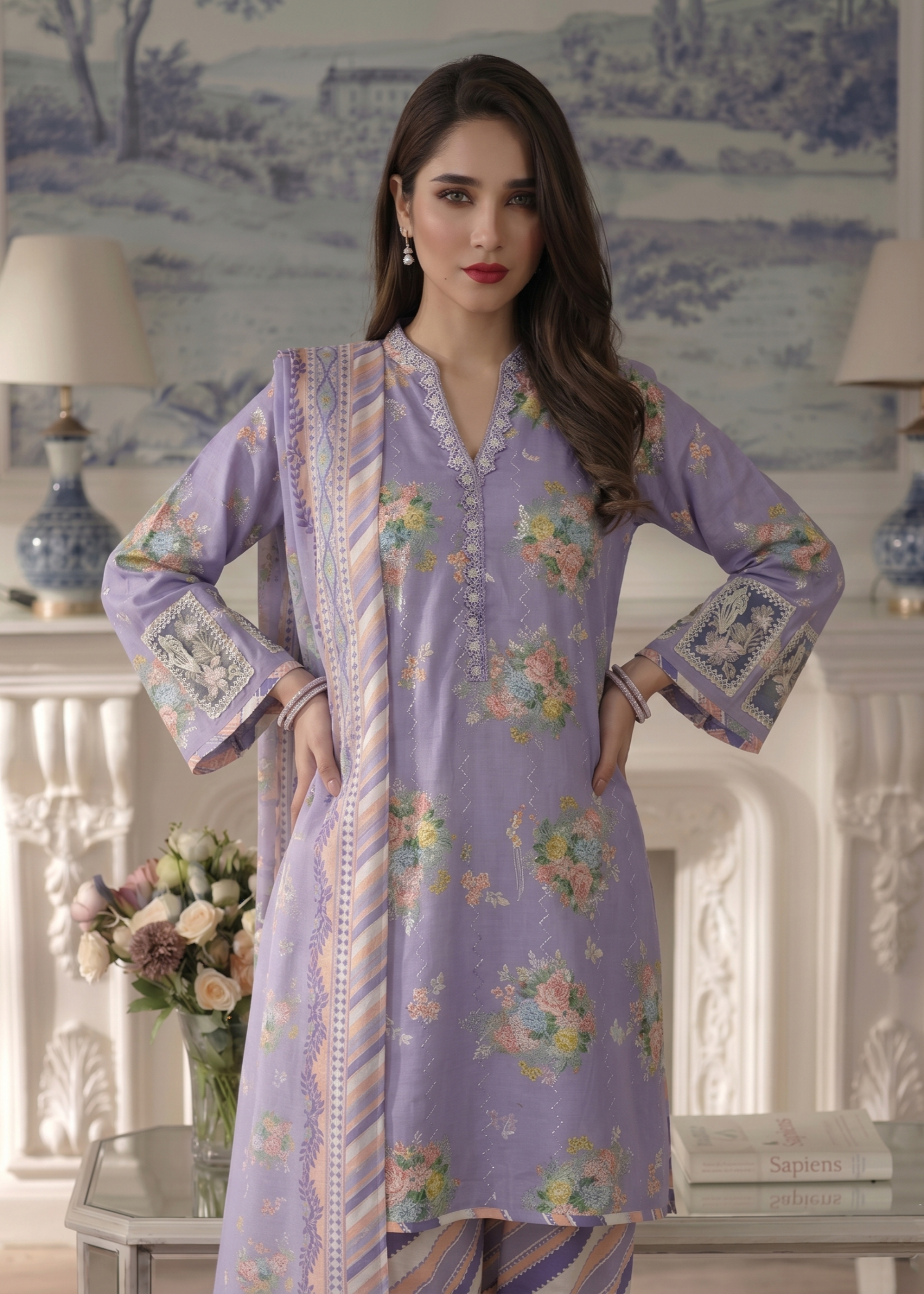 Ladies Lawn Embroidered Lavender Grey Suit Online in UK USA Canada
