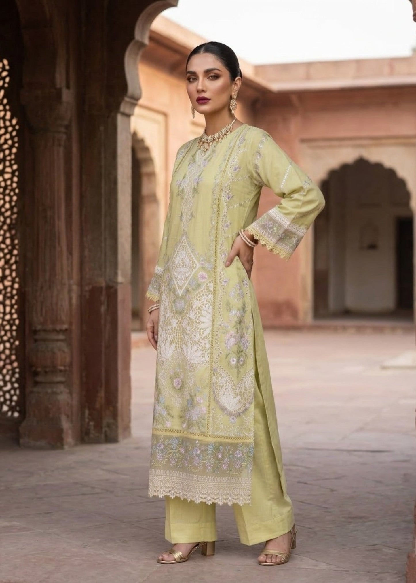 Ladies Lemon Lawn Straight Kurta Suit Online in UK USA Canada