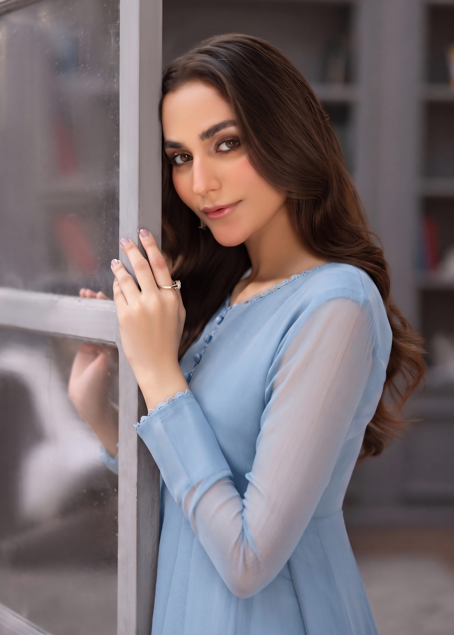 Ladies Light Blue Chiffon Partywear Suit Online in UK USA Canada