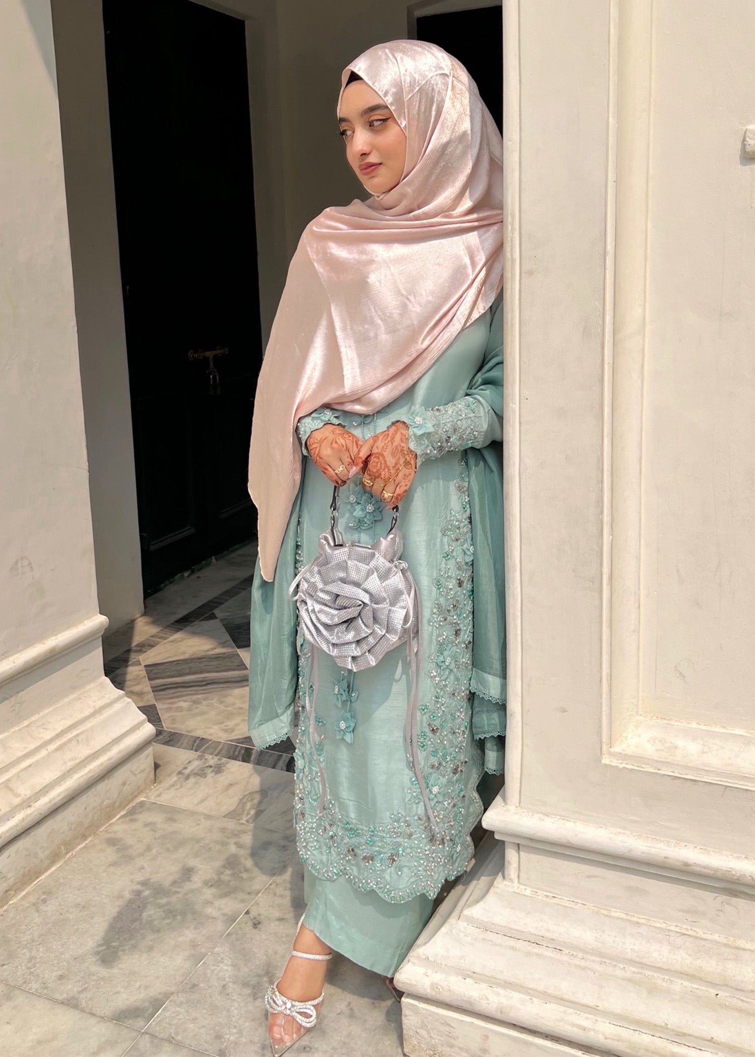 Ladies Light Blue Raw Silk Salwar Kameez with Dupatta Online in Dubai UAE Abudhabi Ajman Sharjah