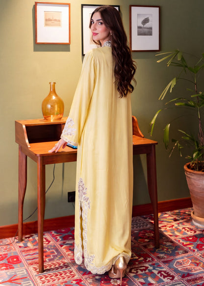 Ladies Light Yellow Linen Kaftan Pakistani Suit Online in KSA Riyadh Saudi Arabia Oman Bahrain Qatar