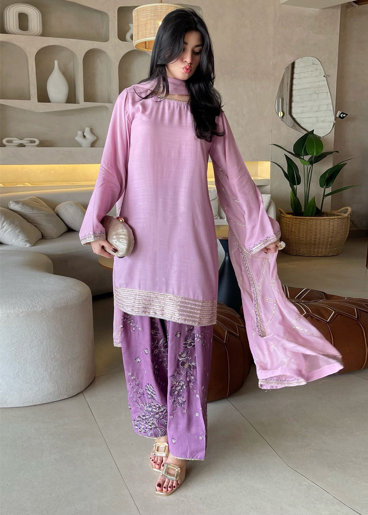 Ladies Lilac Embellished Farshi Shalwar with Chiffon Dupatta Online in UK USA Canada