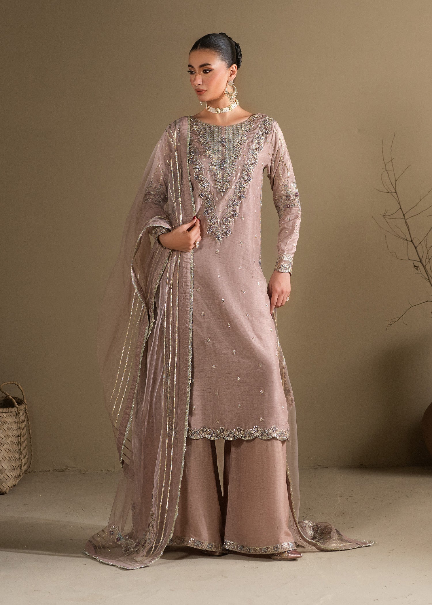 Ladies Lilac Embellished Net Dupatta Suit Online in UK USA Canada