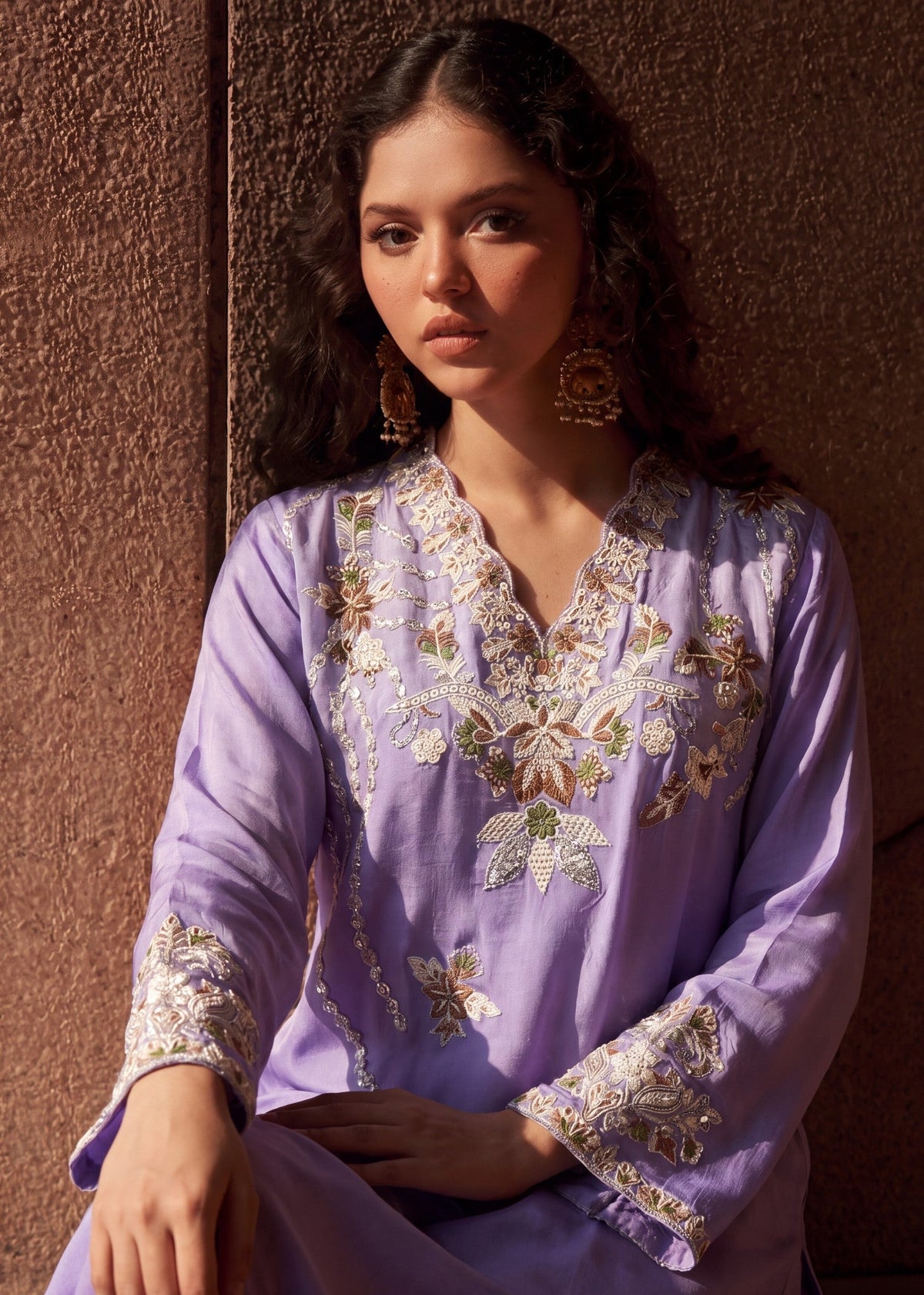 Ladies Lilac Embroidered Linen Kaftan Online in Dubai UAE Abudhabi Ajman Sharjah