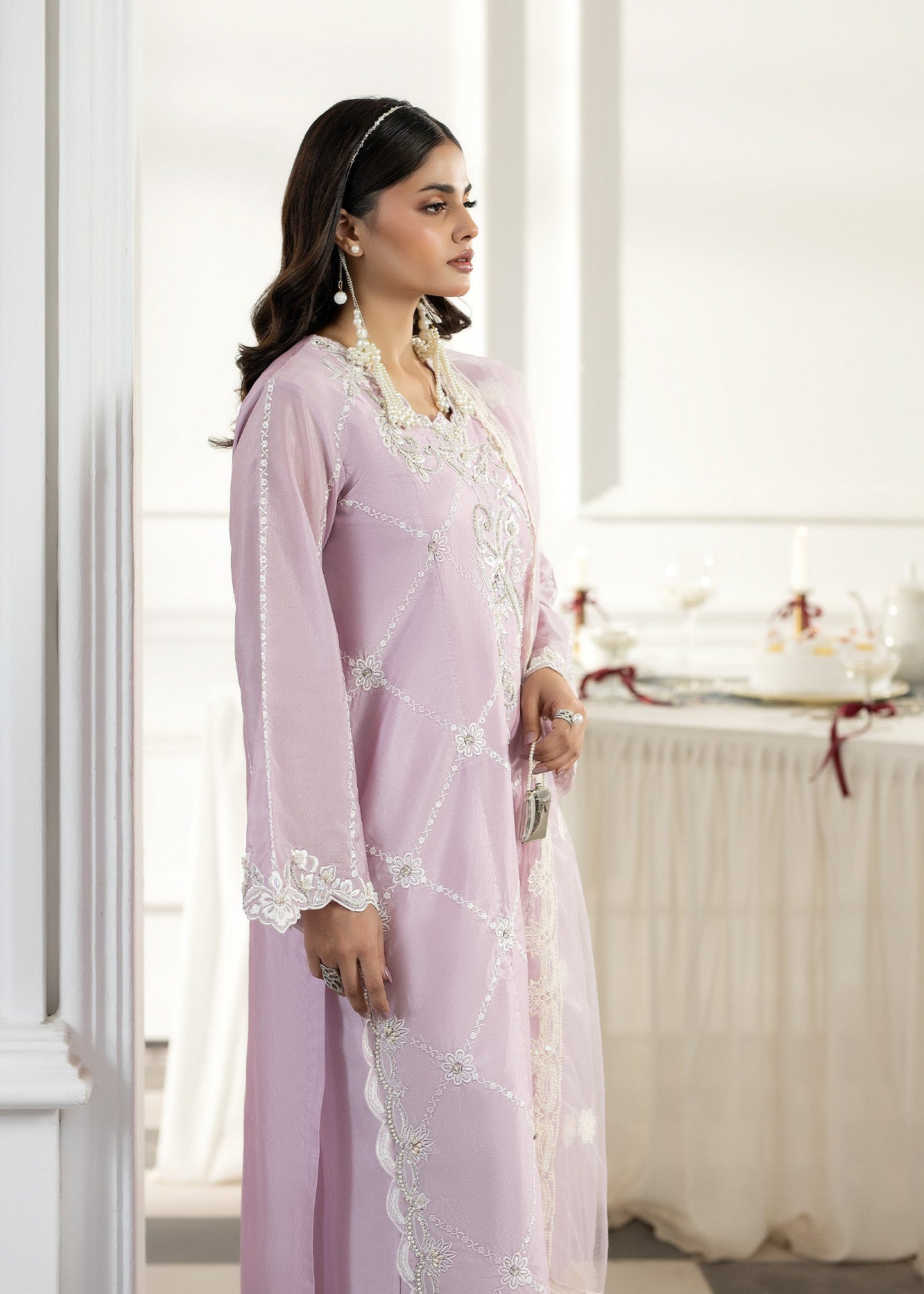Ladies Lilac Embroidered Net Dupatta Suit Online in UK USA Canada