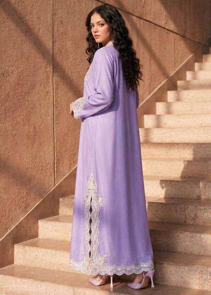 Ladies Lilac Linen Kaftan Partywear Online in KSA Riyadh Saudi Arabia Oman Bahrain Qatar